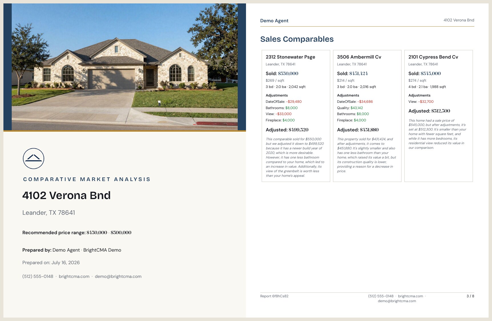 Two pages of the generated CMA PDF: the branded cover with the agent's logo, and the comparable-sales grid with itemized adjustments.